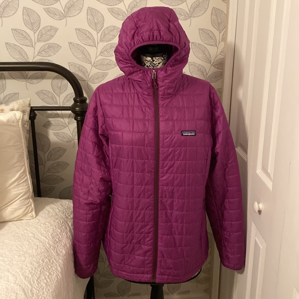 Patagonia Nano Puff hoodie jacket in dark currant